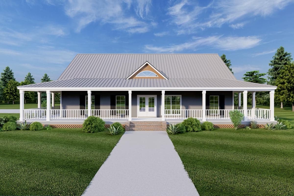 House plan exterior: Ranch style with a full wraparound porch, metal gable roof, and dormer window.
