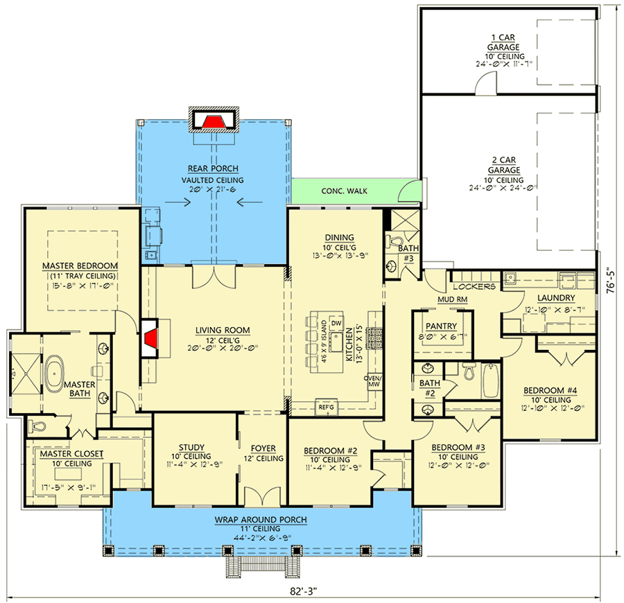 Plan 56438SM: Modern Farmhouse Plan with Vaulted Rear Porch - 2815 Sq Ft - Floor Plan - Main Level - Country, Farmhouse, Modern Farmhouse, Southern