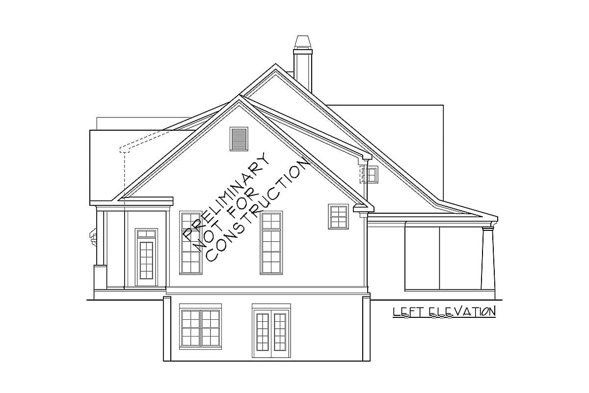 Floor plan drawing of a house's left elevation, showing multiple gables, dormers, and a covered porch.