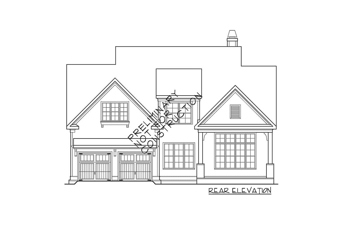 Rear elevation of a house plan featuring a double garage, multiple gables, and a prominent dormer.