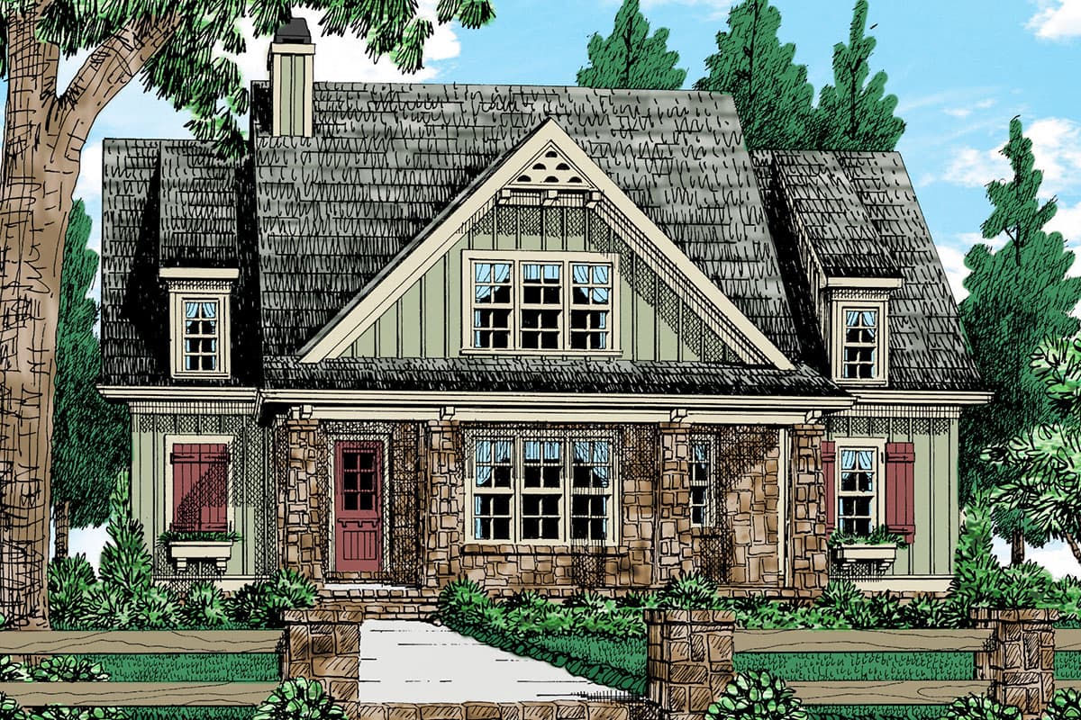 House plan exterior. Two-story Craftsman with stone veneer, gabled roof, dormers, and decorative trim. Features include a front porch and a chimney.