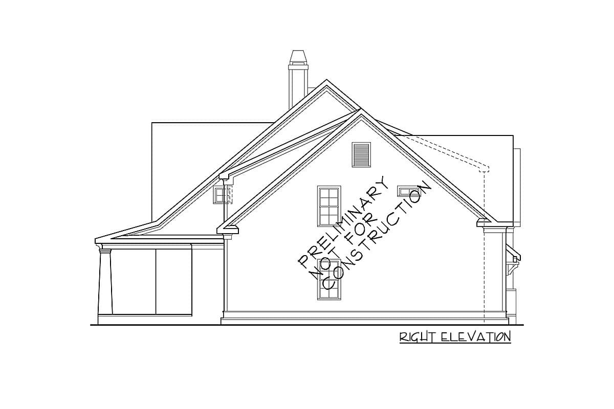 Right elevation house plan showing gabled roof, dormers, chimney, and covered porch with columns.