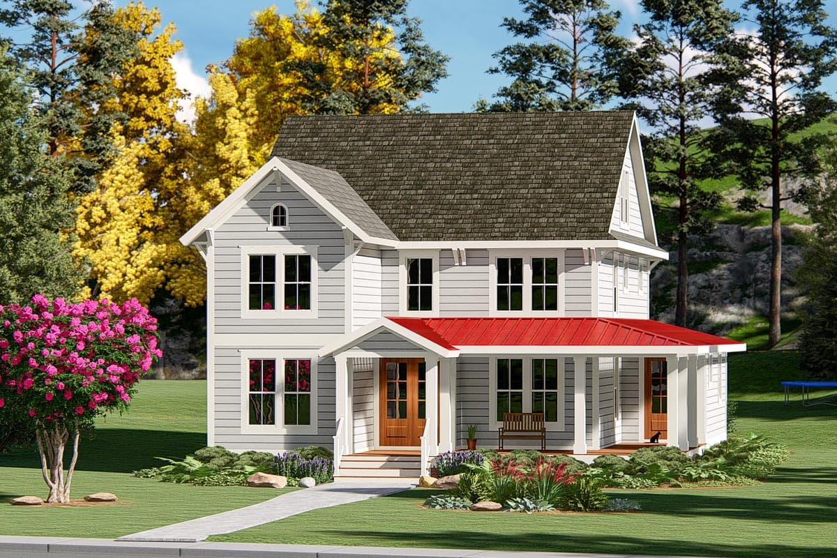 Modern farmhouse house plan exterior, two stories, with a gabled front and a red metal porch roof.
