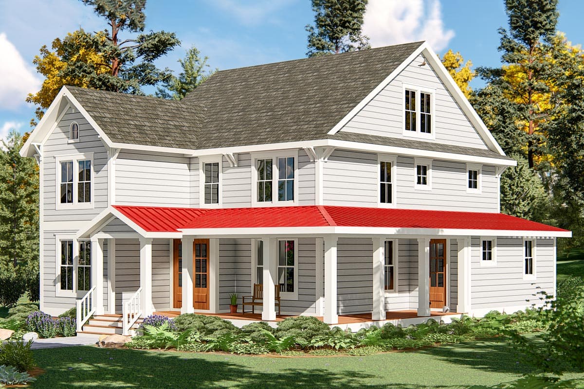 House plan exterior: two-story modern farmhouse with wraparound porch, gables, and dormers.