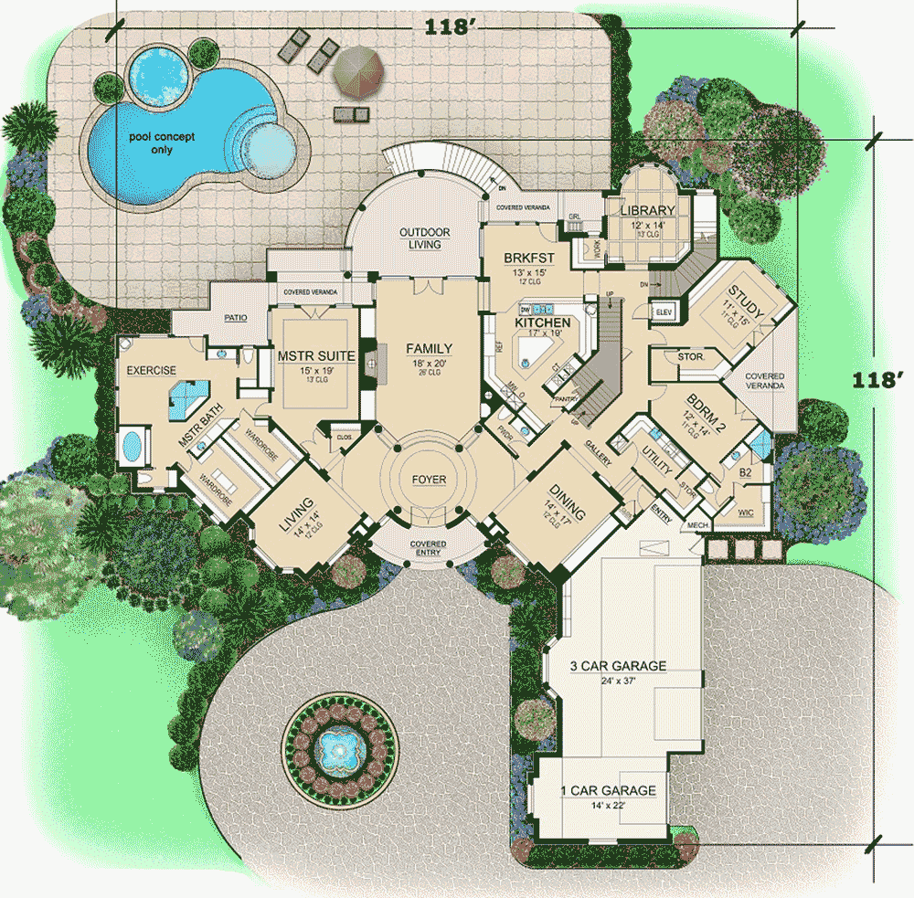 Plan 36564TX: Luxurious Mediterranean House Plan with Grand Two-Story Foyer and Family Room - Floor Plan - Main Level - European, Mediterranean