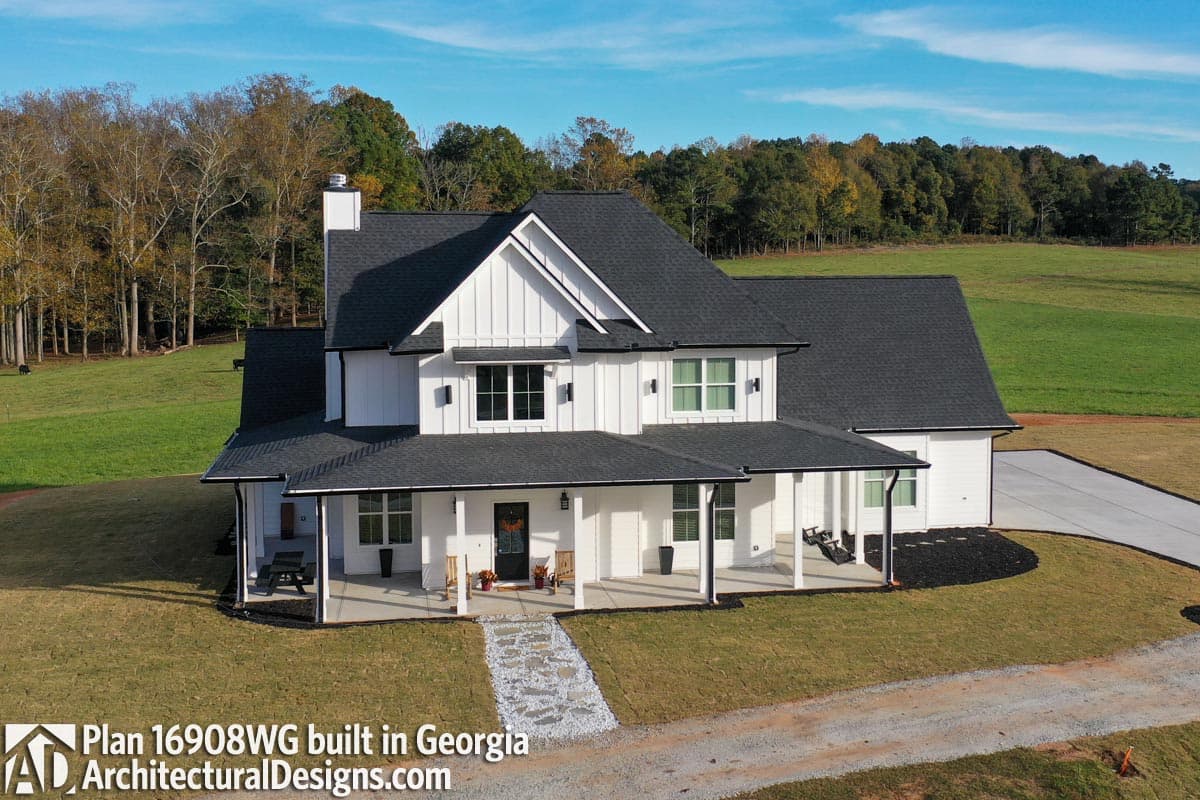 Plan 16908WG: Eye-Catching Modern Farmhouse with Two-Story Great Room - 2214 Sq Ft - Image #4 - Country, Farmhouse, Modern Farmhouse, New American, Traditional