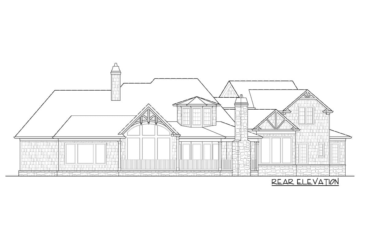 Rear elevation drawing of a house plan featuring stone and shingle siding, multiple gables, and chimneys.