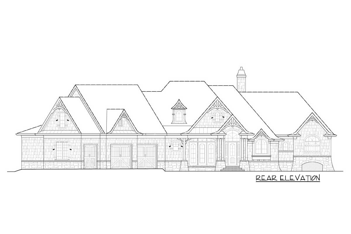 Rear elevation house plan drawing showing multiple gables, dormers, a covered entry, and a three-car garage.