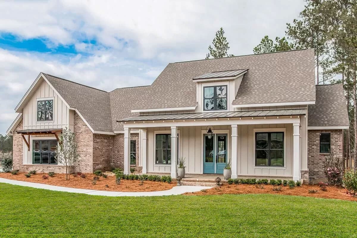 House plan exterior featuring a two-story Modern Farmhouse with a gabled roof, a front porch with columns, and dormers.