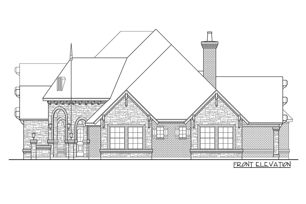 Front elevation house plan with stone and brick facade, arched entry, varied rooflines, dormer, and prominent chimney.