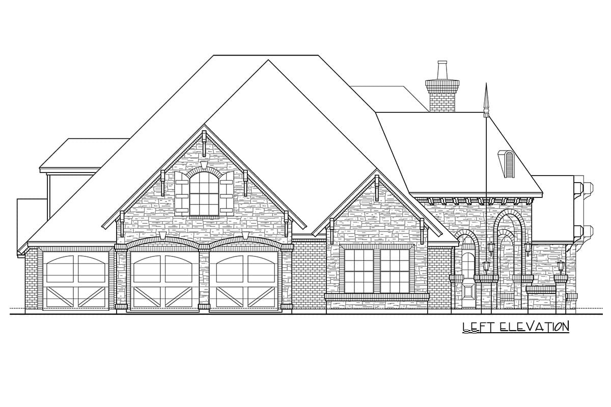House plan left elevation drawing showing stone and brick facade, multiple gables, arched windows, and a three-car garage.