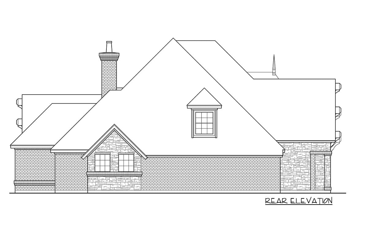Rear elevation of a house plan with a brick and stone exterior, multiple gables, a prominent chimney, and a dormer.