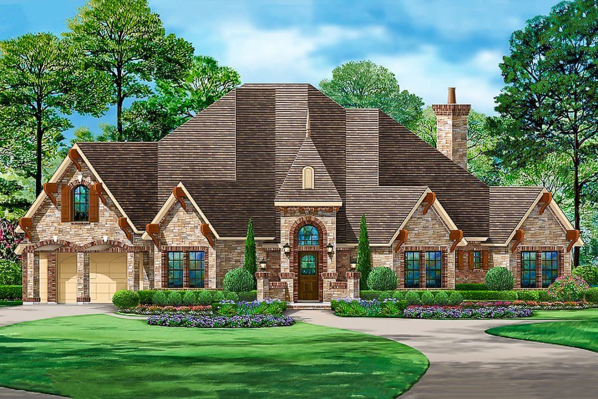 House plan exterior. Two-story home with a brick and stone facade. Features include multiple gables, a covered entry, and a side-entry garage.