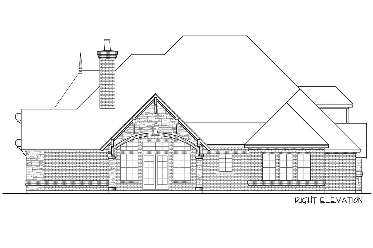 House plan right elevation drawing showing brick exterior, arched entry, multiple gables, and chimney.