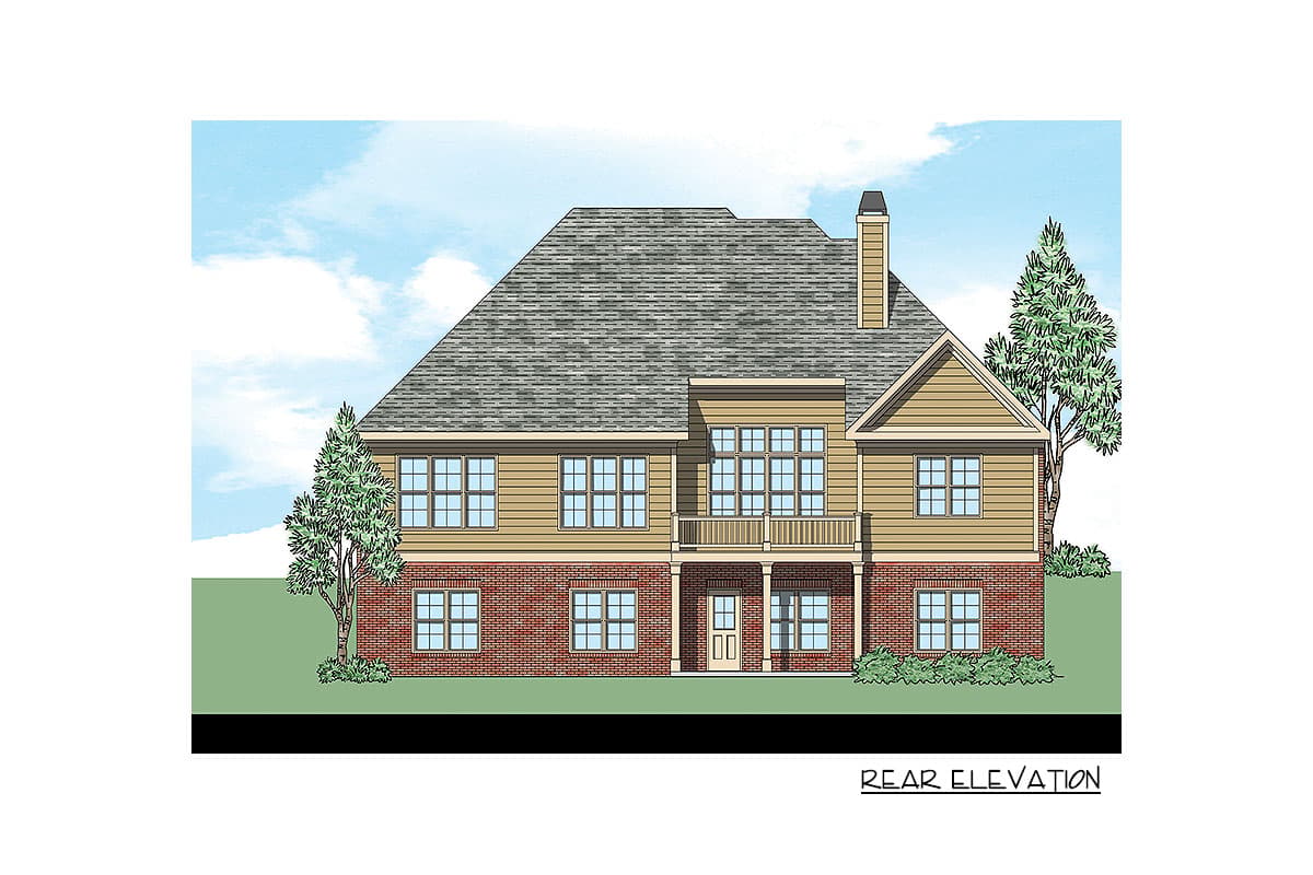 Rear elevation of a two-story house plan featuring a brick lower level, siding upper level, prominent gables, and a second-story balcony.