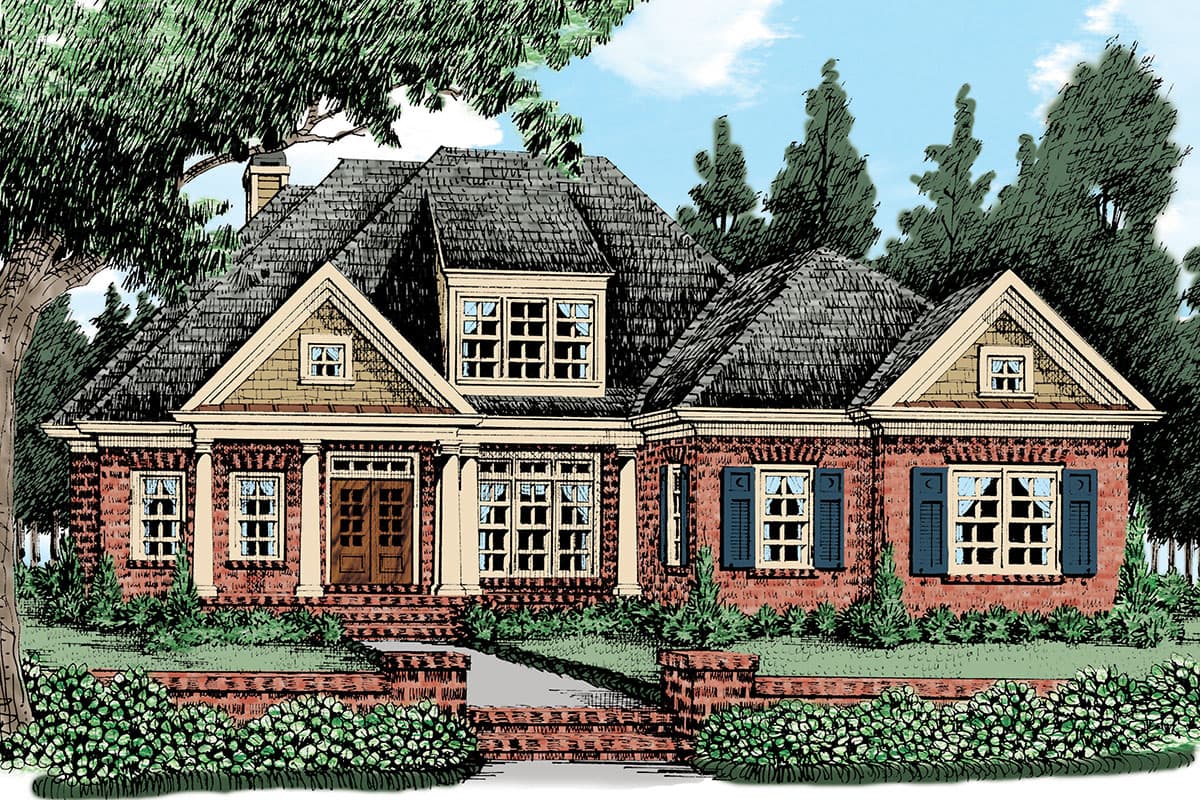 House plan exterior featuring brick facade, multiple gables, dormer windows, and a multi-section roofline. Columns define front entry.