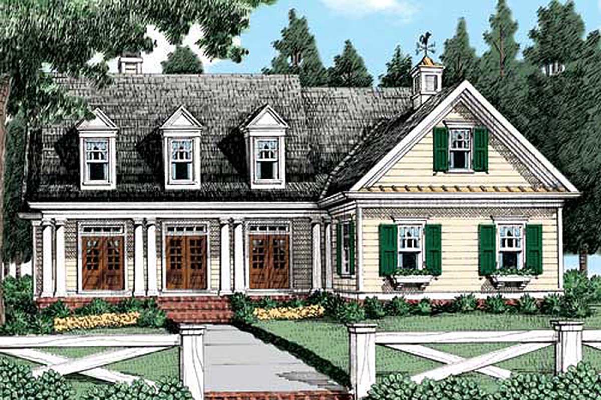 House plan exterior featuring a two-story Colonial style with a front porch, dormers, and a gable roof.