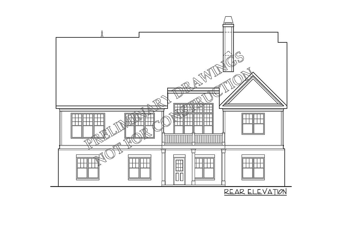 Rear elevation house plan drawing with a central door, multiple windows, a balcony, and a chimney.