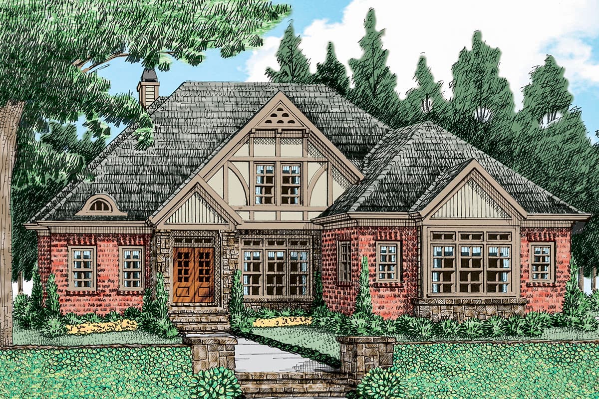 House plan exterior featuring a two-story Tudor style with multiple gables, brick facade, and a stone entryway with double doors.