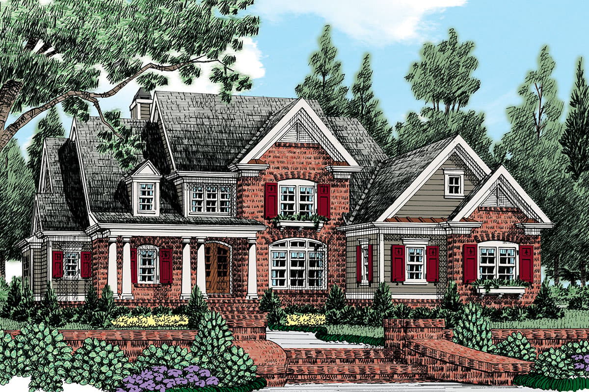 House plan exterior featuring a two-story design with gabled rooflines, dormers, a front porch with columns, and brick exterior.