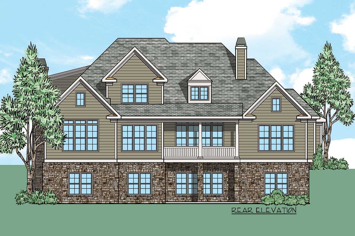 Rear elevation of a two-story house plan with stone base, siding, multiple gables, dormer, and upper-level balcony.