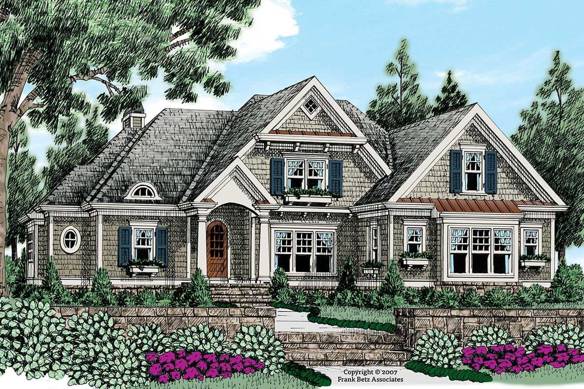 House plan exterior featuring Craftsman style with a multi-gabled roofline, dormers, and a covered porch with columns. Two stories.