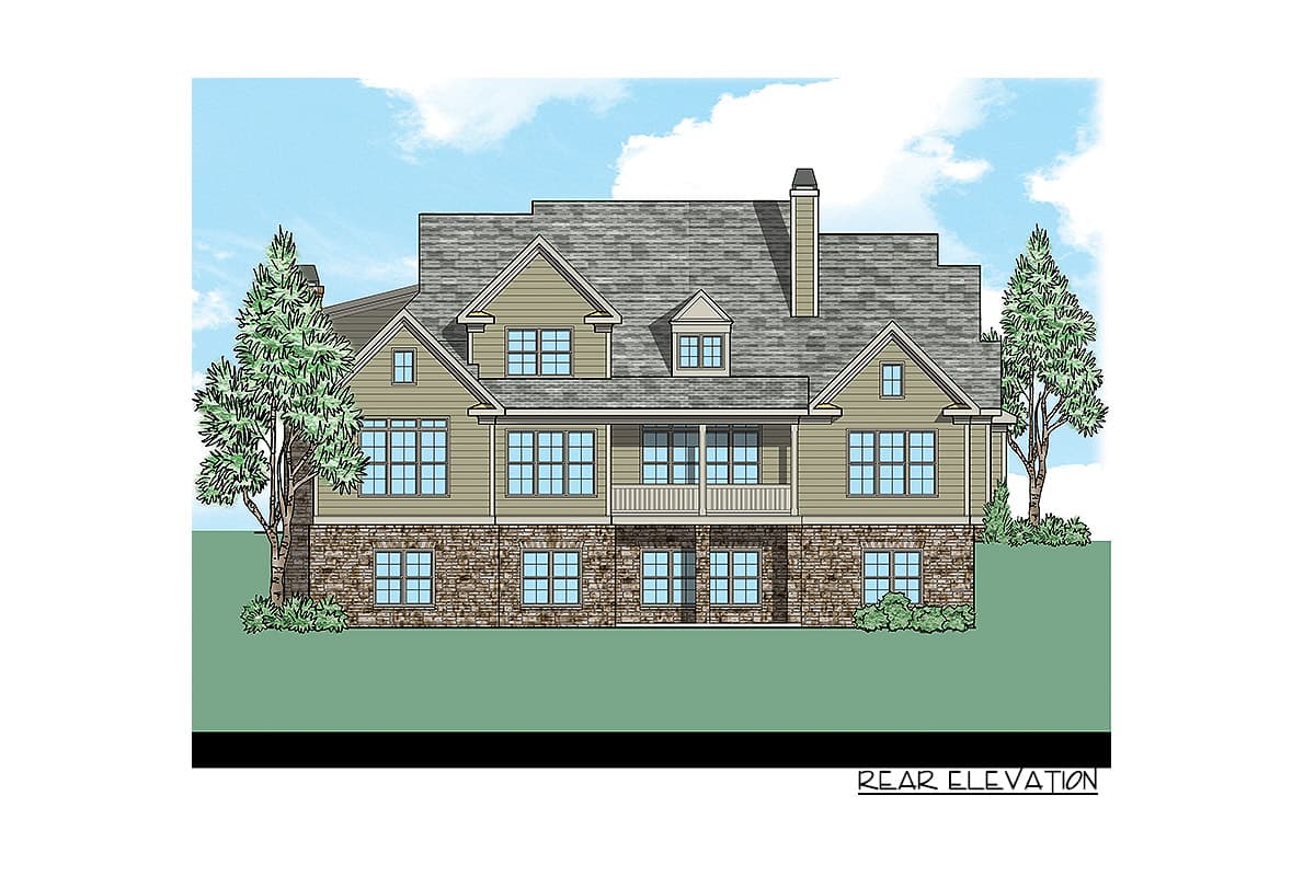 Rear elevation of a multi-story house plan with stone base, siding, dormers, and a central balcony.