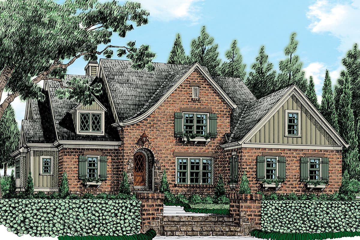 House plan exterior. Cottage style with brick facade, multiple gables, and dormers. Features include an arched entry and a dark gray roof.
