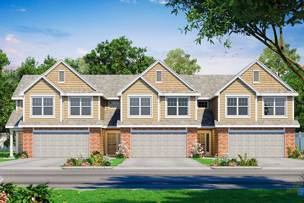 House plan exterior. Two-story townhouse with gabled roof, dormers, and attached garages with brick accents. Includes detailed front doors.