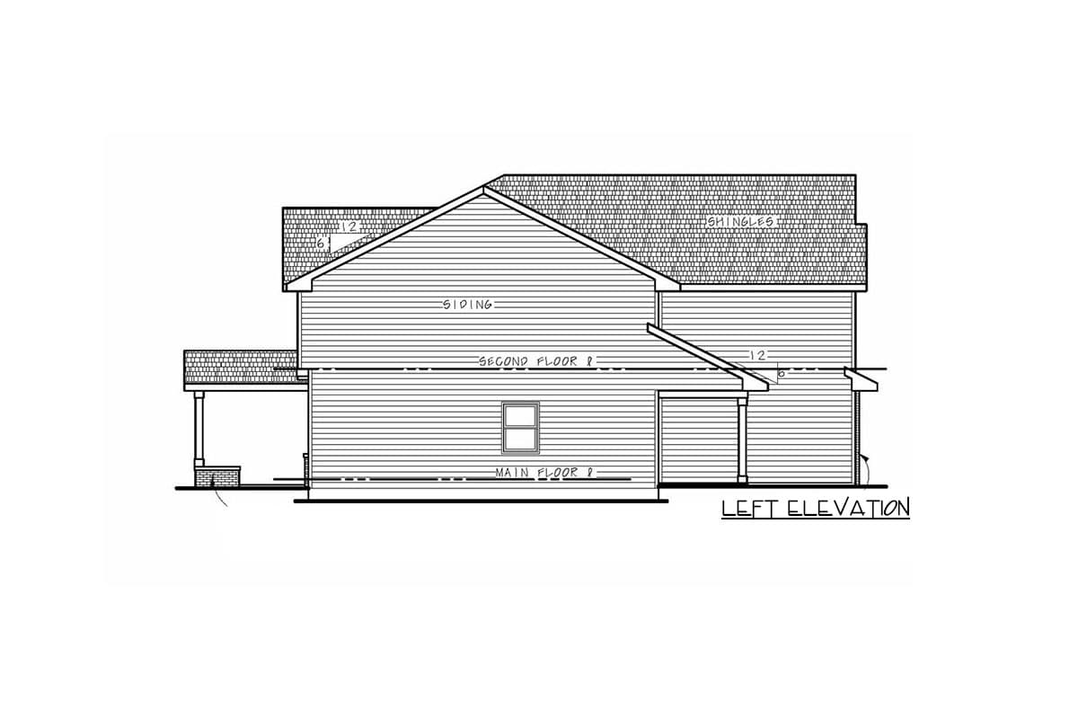 Left elevation drawing of a two-story house plan with horizontal siding, a covered porch, and a garage.