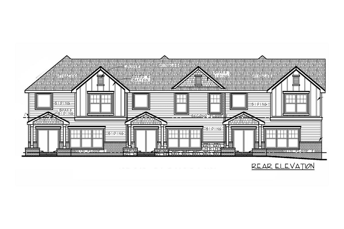 Rear elevation house plan showing a two-story structure with gabled dormers, shake shingles, board and batten siding, and covered entryways.