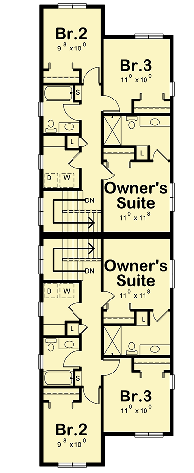 Plan 42586DB: Duplex House Plan for the Narrow Lot - Floor Plan - 2nd Floor - Contemporary, Northwest