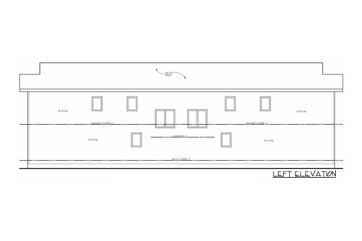 Left elevation drawing of a two-story house plan with siding, showing windows on both levels and a metal roof detail.