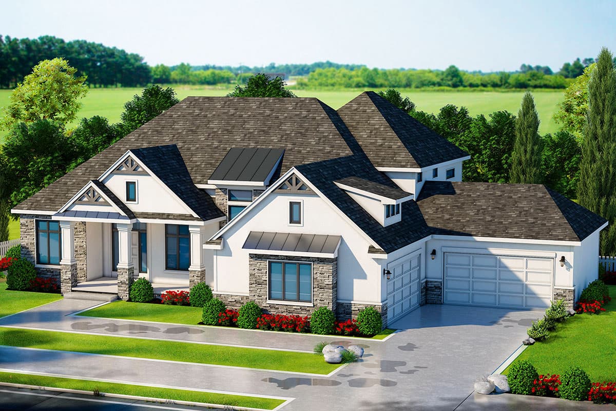 House plan exterior with stone accents, gabled roof, and a front porch supported by columns. The home also features a two-car garage.