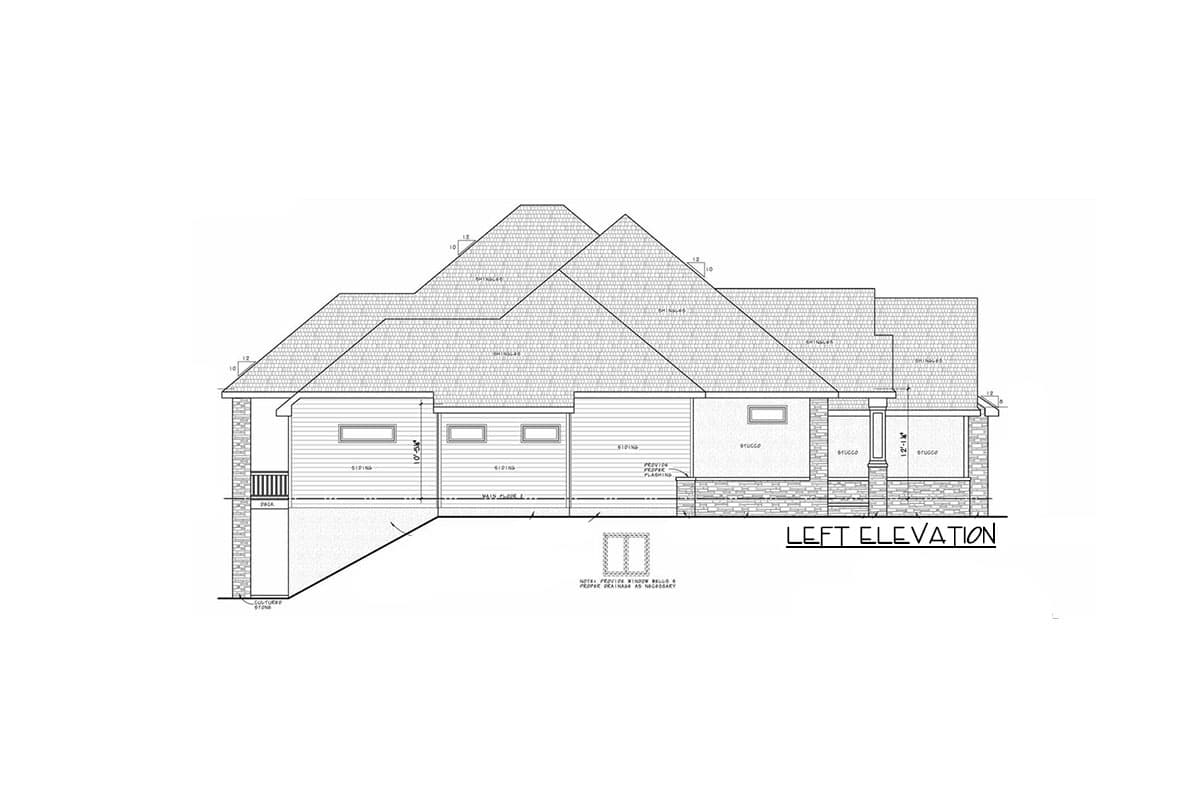 Left elevation drawing of a house plan showing a main level with siding, stucco, stone accents, and a multi-pitched roof.