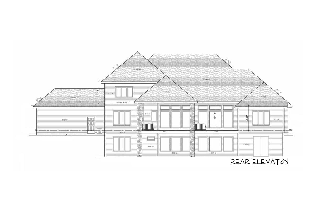 Rear elevation drawing of a two-story house with multiple gables, siding, stone accents, large windows, and a deck.