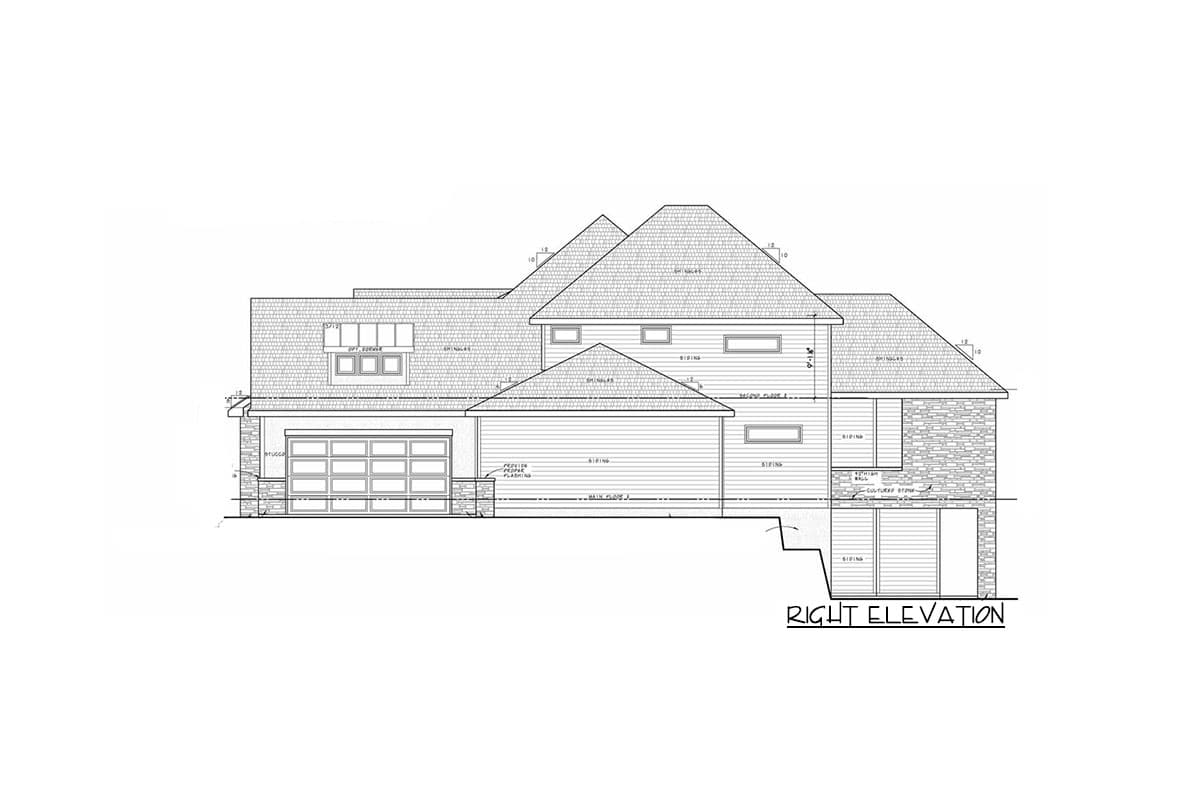 House plan right elevation showing a two-story home with a three-car garage, dormer, and stone exterior accents.