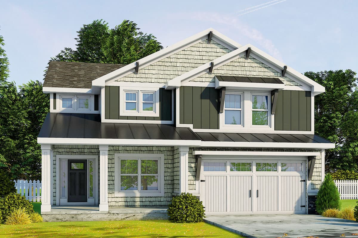 House plan exterior with Craftsman style, two stories, front-facing garage, gables, and shake siding on the facade.
