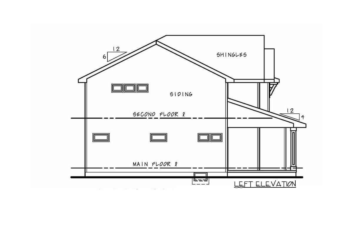 Left elevation drawing of a two-story house plan with siding, shingles, and a covered porch.