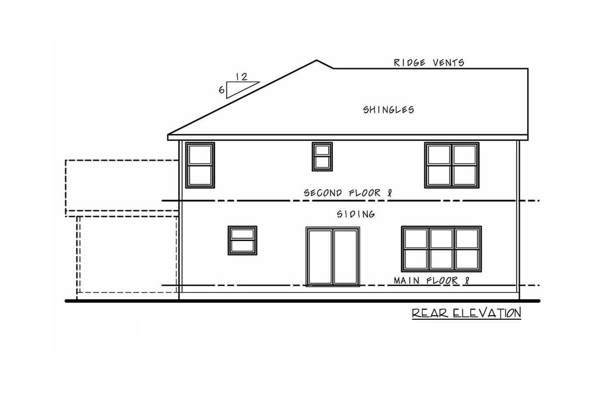 Rear elevation drawing of a two-story house with siding, featuring multiple windows on both levels and a gabled roof with shingles.