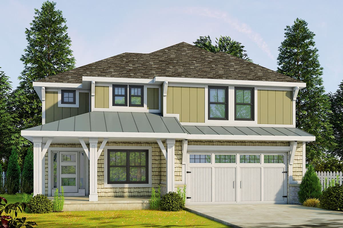 House plan exterior. Two-story Craftsman style home with front-facing gabled roof, covered porch, and attached garage with a carriage-style door.