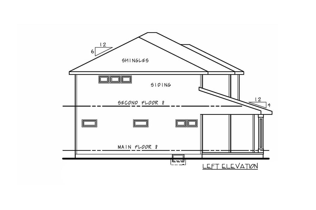 Left elevation drawing of a two-story house plan featuring siding, shingle roof, and a covered porch.