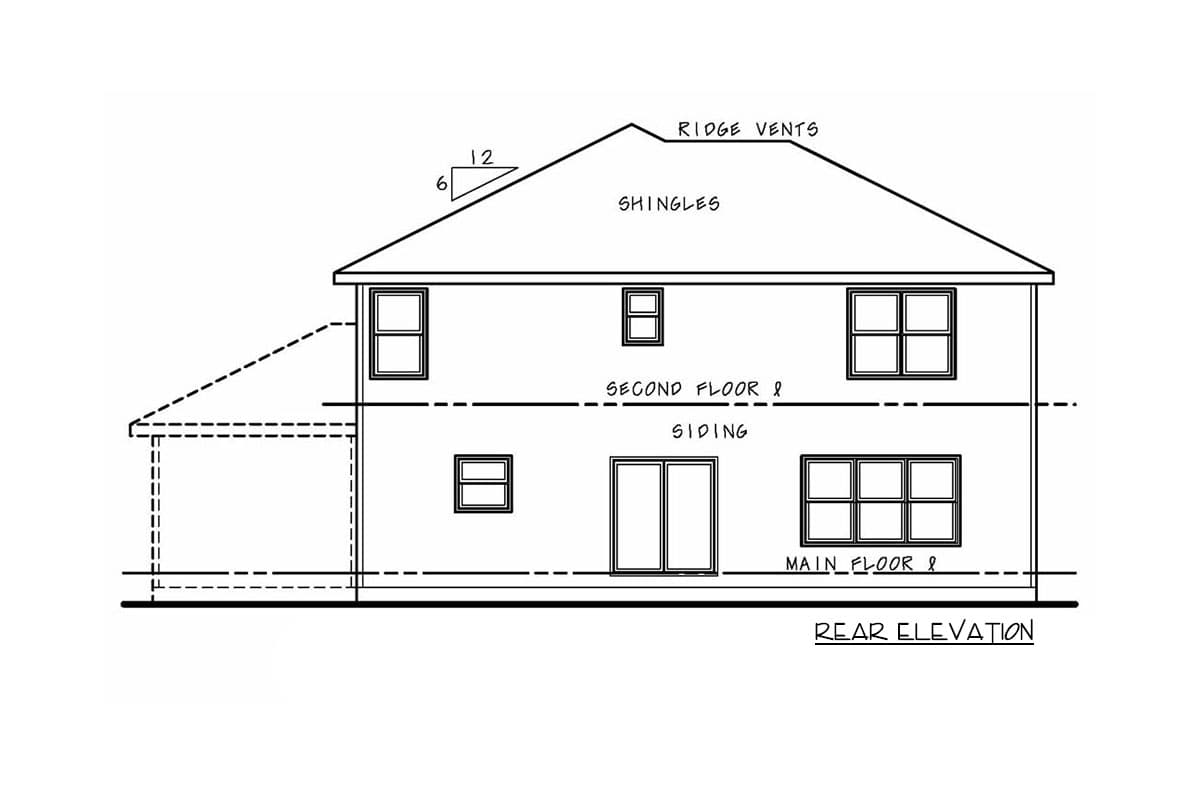 Rear elevation drawing of a two-story house with siding, multiple windows, a pitched roof with shingles, and a covered porch.
