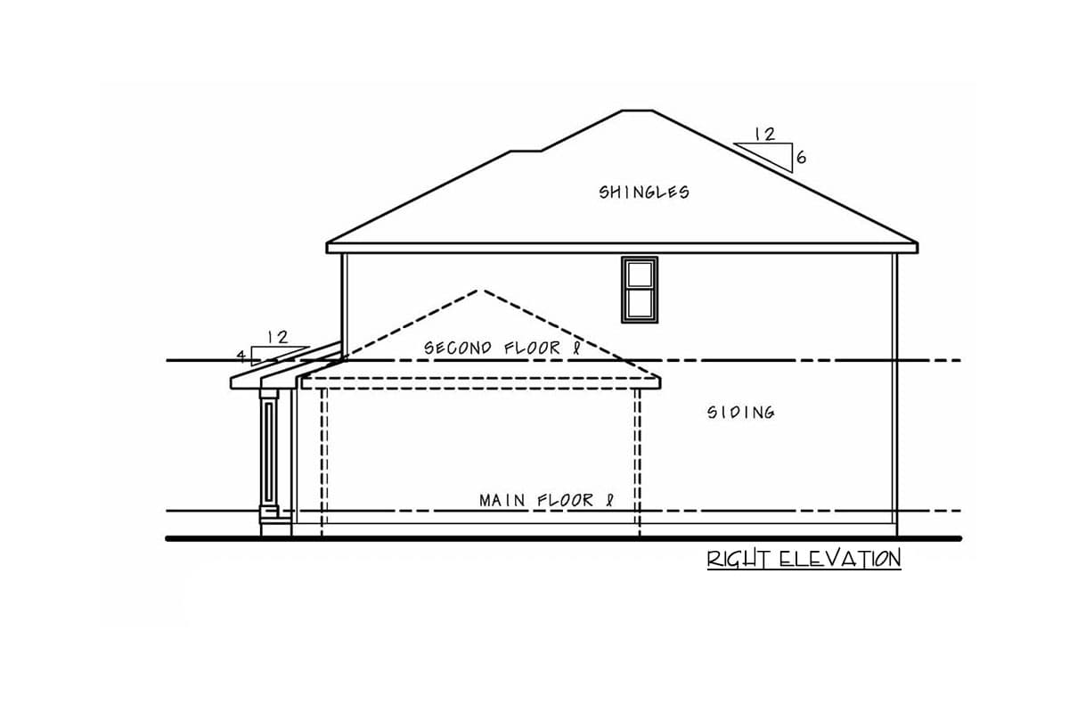 Right elevation drawing of a two-story house plan with shingles on the roof and siding on the walls, showing a covered porch.