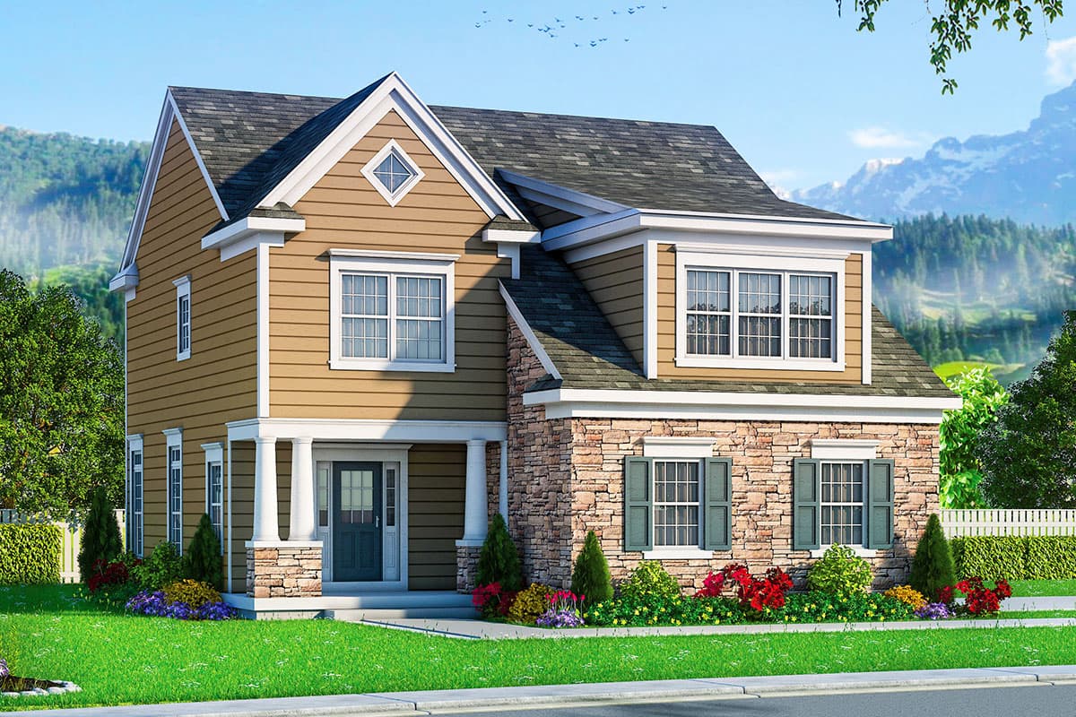 House plan exterior. Two-story home with Craftsman style elements. Features include a front porch, gables, and stone veneer accents.