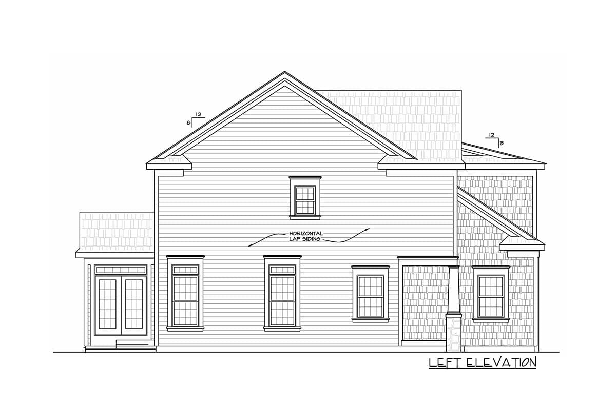 Left elevation of house plan showing horizontal lap siding, double doors, multiple windows, and shingle siding detail.