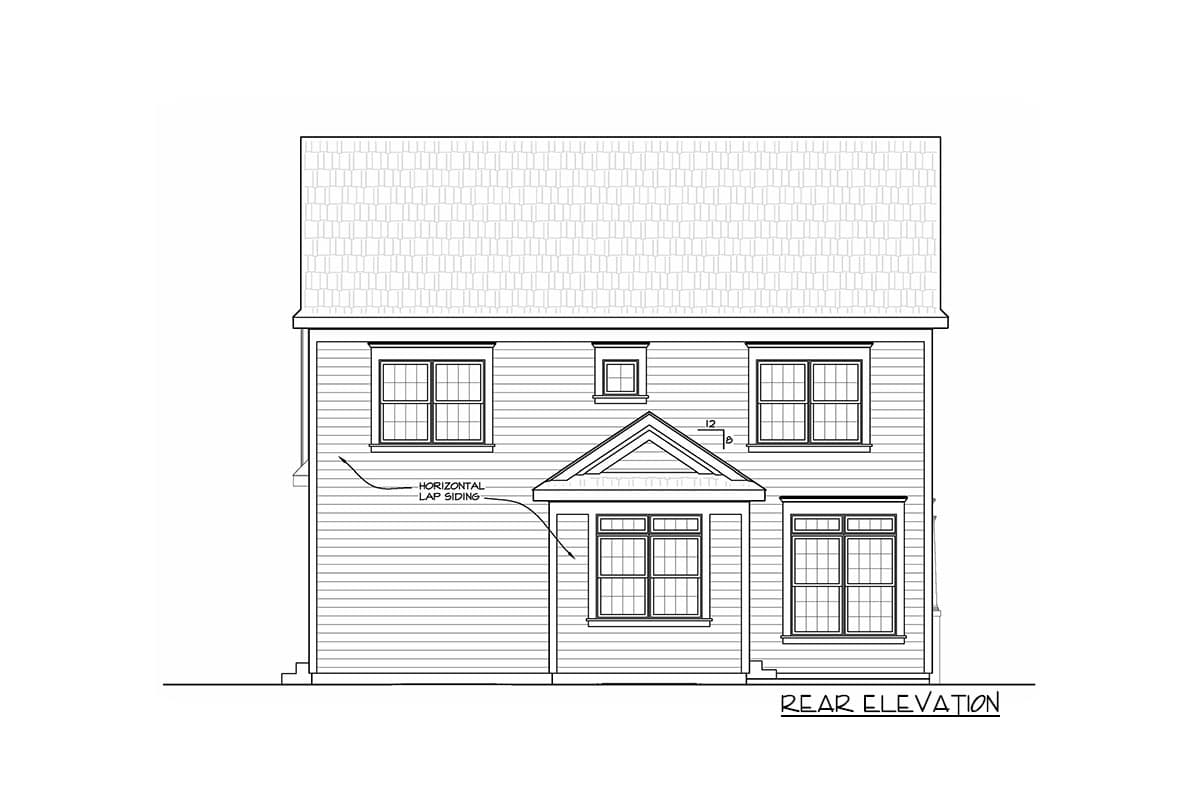 Rear elevation of a two-story house plan with horizontal lap siding, multiple windows, and a gabled entrance.