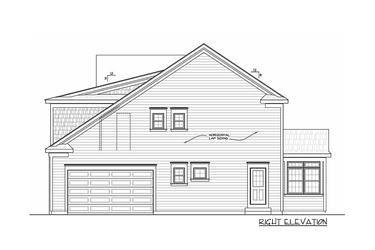 Right elevation of house plan showing horizontal lap siding, garage, door, windows, and gabled roof.