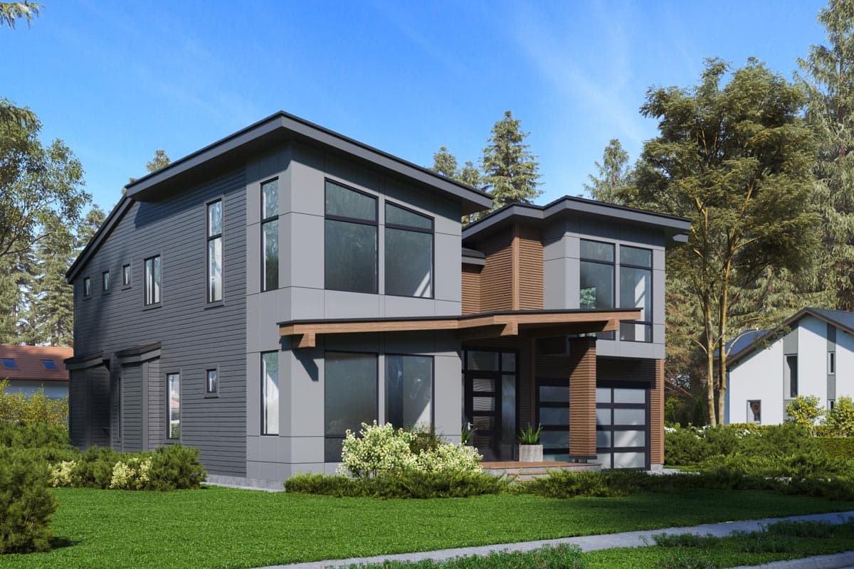 Modern house plan exterior with two stories. Features include flat rooflines, large windows, wood accents, and an attached garage.