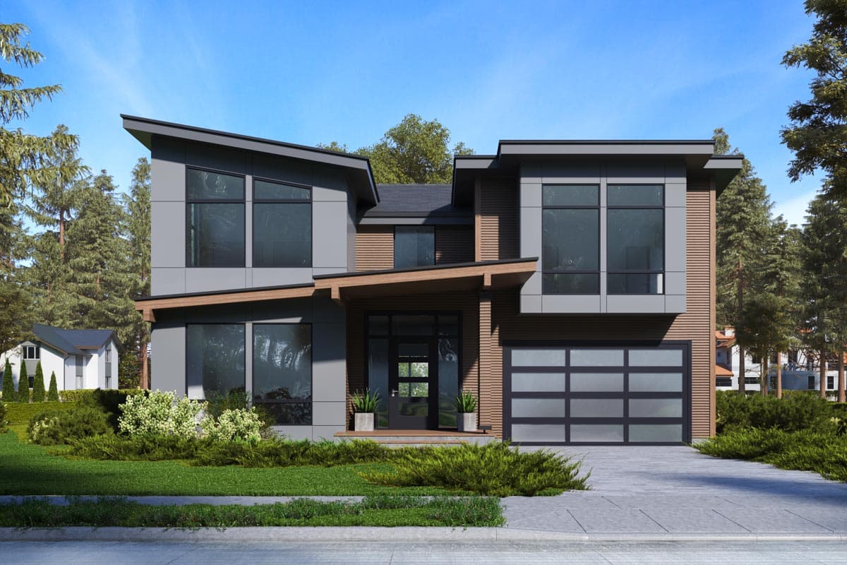Modern house plan exterior: two stories, asymmetrical rooflines, large windows, and a multi-pane glass garage door.
